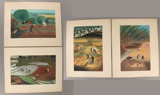 SET OF 4 Vintage 1951 Ohno Bakufu Japanese Woodblock Prints RICE FARMING Farm NR