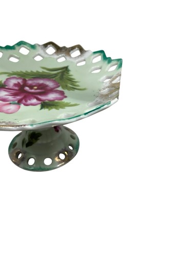 Pedestal Dessert Candy Plate Compote Hand Painted Pink Flower Japan - Picture 4 of 7