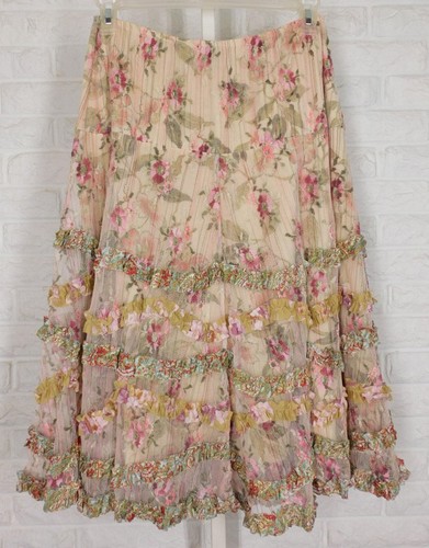 LOOK Boutique Skirt Boho Cowgirl Floral Embroidery Mesh Beige Pink Green XLarge - Picture 2 of 6
