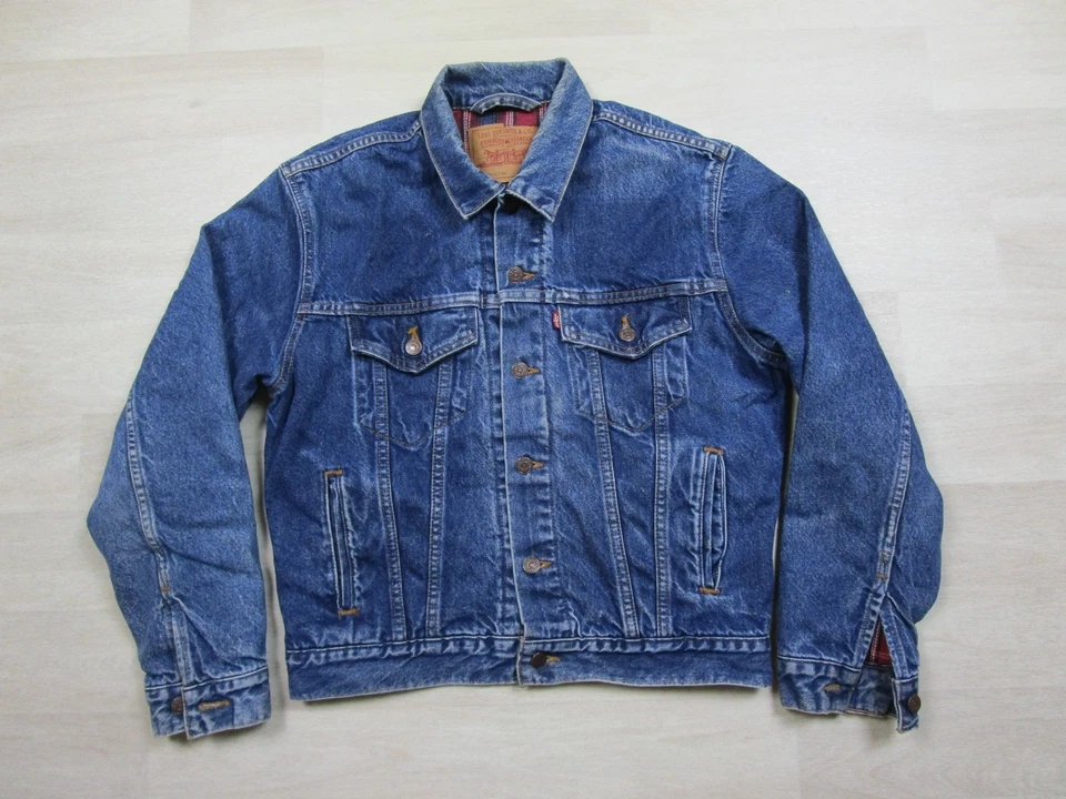 Vintage 80s Levis Jacket Men 38 Plaid Blanket Lined Denim Trucker 70506 0316 USA - Image 2 of 4