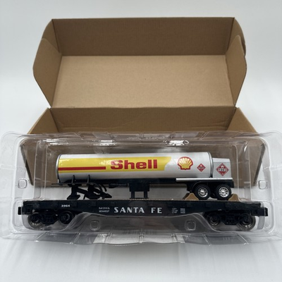 #ad Menards O Scale Gauge Santa Fe Flat Car with Shell Tanker $34.95