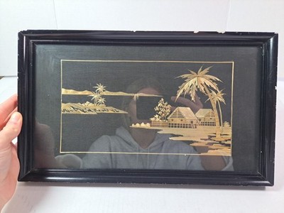 Vintage Framed Rice Straw Art Of A Tropical Lagoon Scene With Huts & Palm Trees
