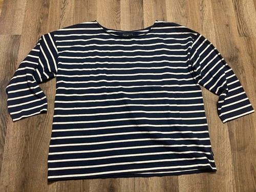 L.L.Bean Shirt, Women's Size Large, Blue White, Striped, 3/4 Sleeve Shirt