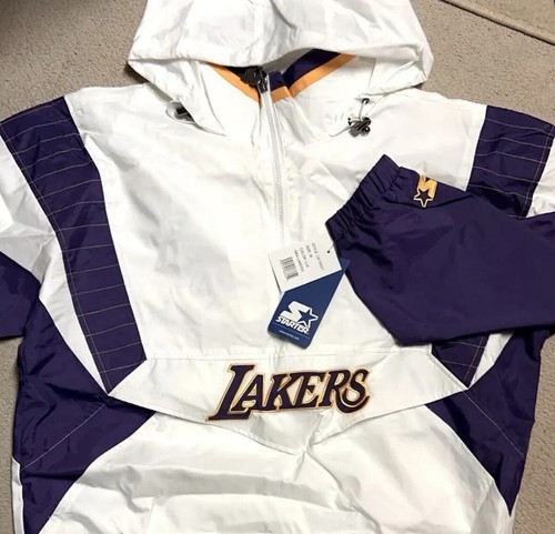 NEW Lakers Starter Hooded Half Zip Pull Over Jacket White - Small NWT - Foto 2 di 12