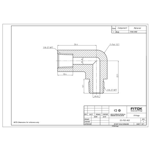 FITOK 316 SS 90° Street Elbow 1/8 FNPT x 1/8 MNPT 6200 psi, SS-PSE-NS2 - Picture 2 of 4