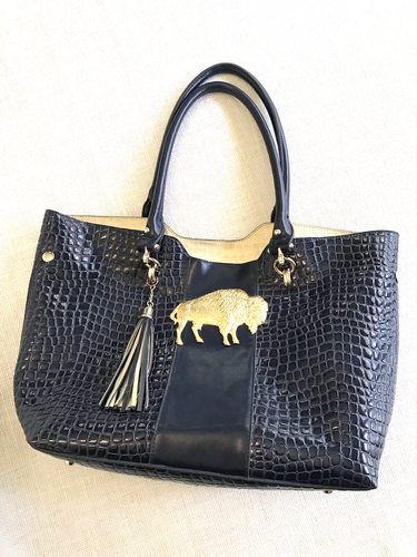 Bosom Buddy Large Totebag Handbag Blue Mock Crocodile Gold Buffalo Tassel EUC - Afbeelding 1 van 17