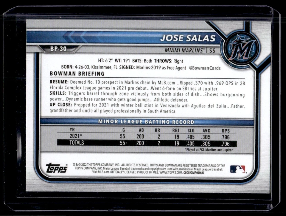 2022 Bowman Prospects Green Jose Salas 33/99 Miami Marlins #BP-30 - Image 2 of 2