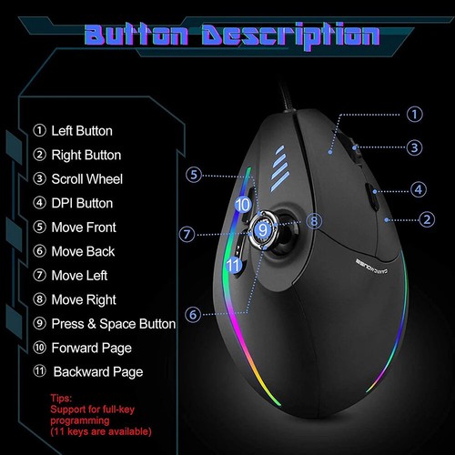 Vertical Gaming Mouse Wired RGB Ergonomic USB Joystick Programmable Mice - Picture 6 of 6