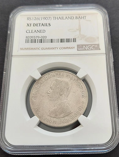 RS 126 ( 1907 ) Thailand Baht ,  NGC XFdetails, nice silver coin  # 1959, 63-12