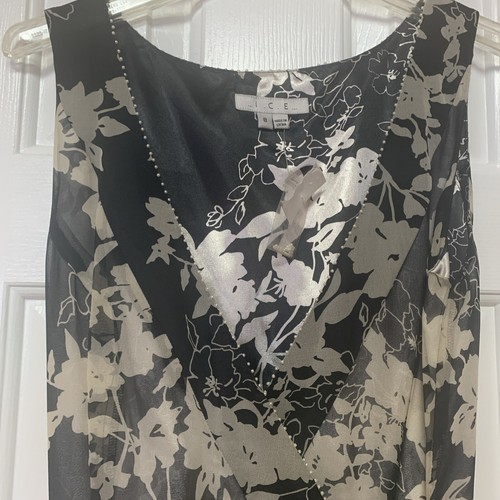 Vtg New Ice 100% Silk Floral Black/ Beige Wrap Dress Sleeveless Ruffle Size 8 - Picture 4 of 17