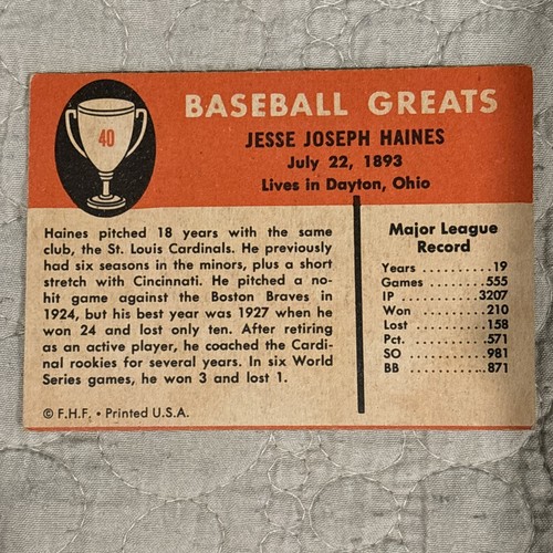 1961 Fleer Baseball Greats - #40 Jesse Haines VGEX .H93 - Picture 2 of 2