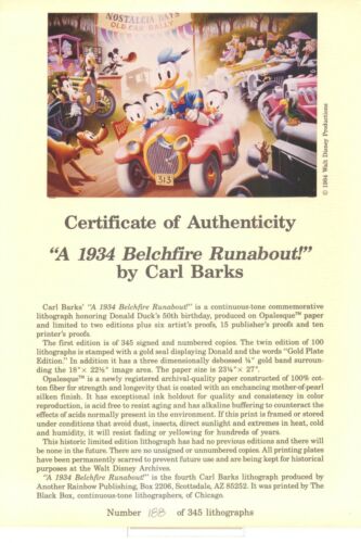 Litografía firmada por Belchfire Runabout de Disney Carl Barks 1934 #181 NUEVA con mate - Imagen 2 de 6