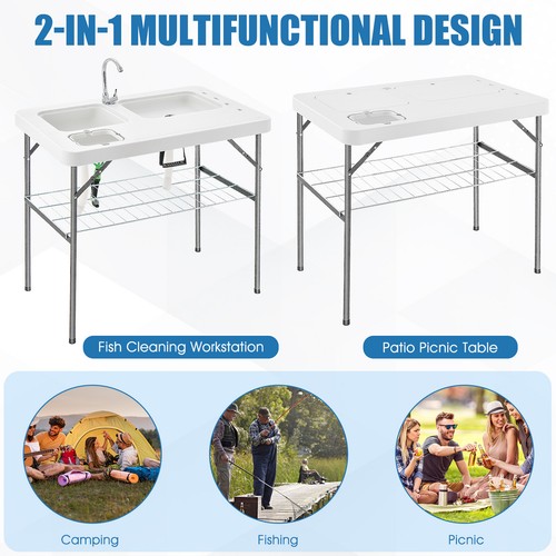 2-in-1 Folding Fish Cleaning Table Portable Camping Table w/ Faucet White - Picture 6 of 10