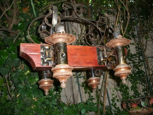 ANTICO LAMPADARIO LAMPIONE FERRO BATTUTO LEGNO 4 LUCI STILE MEDIOEVO x RUSTICO - Picture 4 of 9