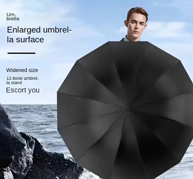 Paraguas plegable impermeable extra grande de 12 costillas a prueba de viento para mujer de negocios Foto 3 de 4