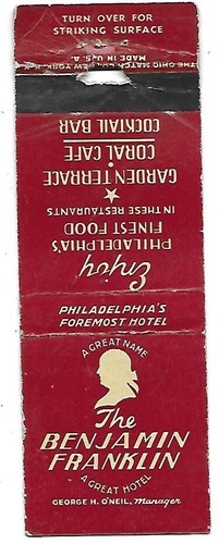 The Benjamin Franklin-Philadelphia, Pa. Vintage Matchbook Cover