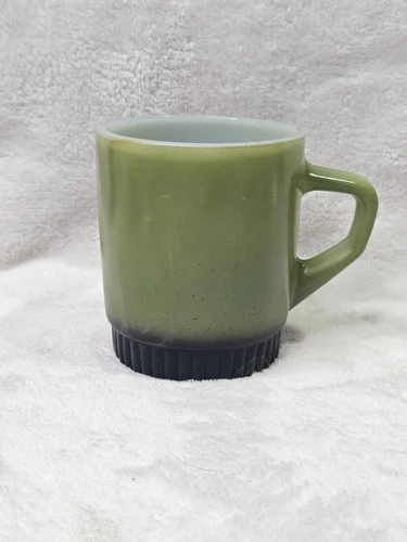 Anchor Hocking Fire King Milk Glass Green & Black Coffee Mug Cup Vintage