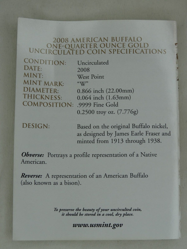 2008-W American Buffalo Gold 1/4 Oz $10 .999 OGP Box & COA - Picture 4 of 8
