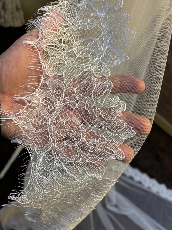 French Lace Mantilla Veil One Tier Bridal Veil Lace Trim - Image 3 of 4