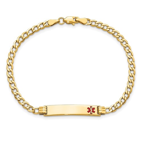10k Yellow Gold Semi-Solid Medical Red Enamel Cuban Link ID Bracelet 7" - Picture 4 of 4
