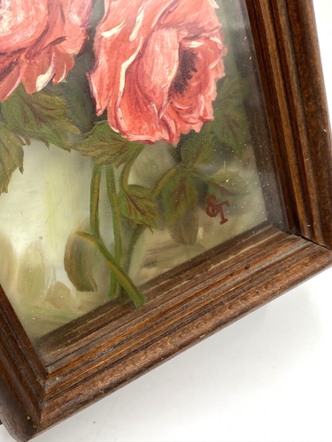 Vtg Reverse Painting Picture Glass RoseFlower Old Frame Victorian Miniature Core - Picture 5 of 12