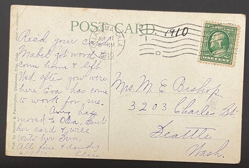 Oklahoma (City), Oklahoma Post Card, posted Jun 17, 1910, to Seattle, WA - OK - Picture 1 of 2