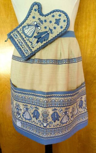 Vtg Austrian Blue Folk Art Half Apron & Oven Mitt~Pockets~MCM~German/Dutch~NOS