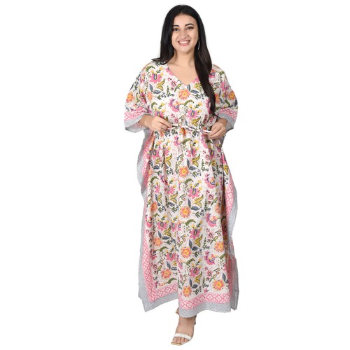 Women's Ethnic robe Block Print Sanganeri Cotton Maxi Kaftan Nightwear Dress