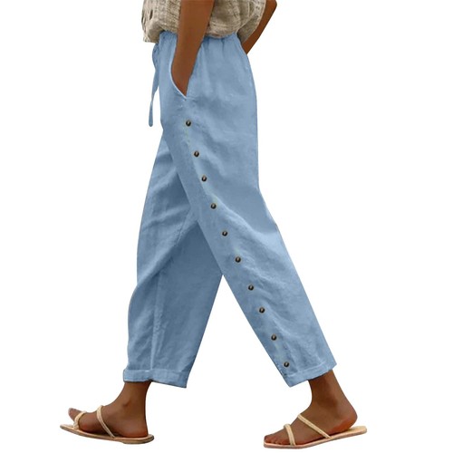 Women's Cotton Solid Elastic Waistband Pants With Pockets Side Buttons Trousers - Picture 53 of 66