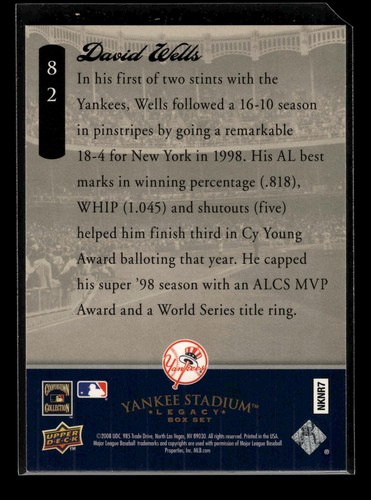 Upper Deck Yankee Stadium Legacy #82 2008 David Wells (Nuevo) (Bas) - Imagen 2 de 2