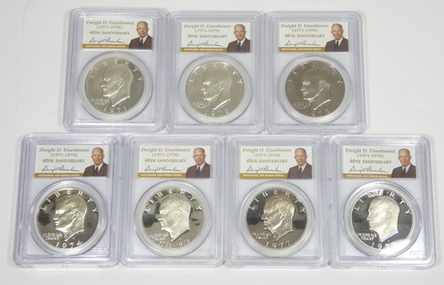 LOT x 7 Eisenhower Dollars 1971,2,3,4,6,7,8 PCGS PR 69 DCAM 40th Anniv Holder