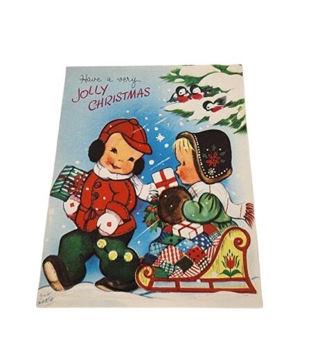 Carte de Noël vintage texture surélevée inutilisée Pollyanna garçon fille scène traîneau enneigée
