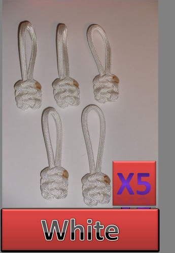 5 Lot 550 Paracord Zipper Pull / KeyChains ~2.5" - WHITE - Picture 1 of 4