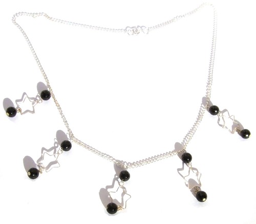 Collier 925 Silber gestempelt 10x Onyx schwarz facettiert Sternen Kette Sterne - Picture 2 of 4