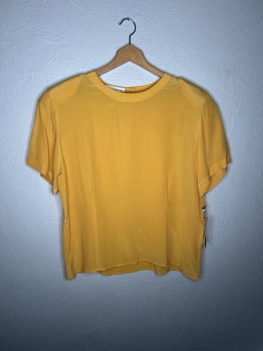 Vintage Jones New York SEIDE Gelb Kurzarm Bluse Gr. L Knopfleiste Neu