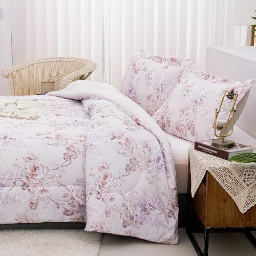 Floral Comforter Set, Pink Botanical Flower Printed Bedding Full Pink Flower3 - Picture 7 of 8