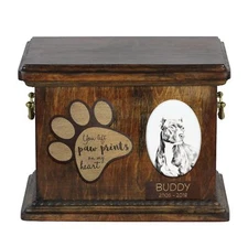 Pit Bull Terrier - Urn for dog ashes with ceramic plate and description