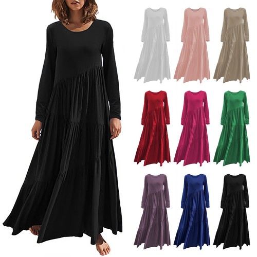 Women Long Sleeve Dress Crew Neck Casual Asymmetrical Swaying Summer Beach Dress - Picture 12 of 51