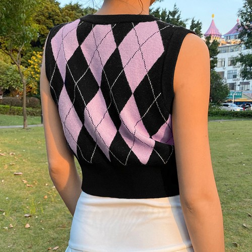 Womens Vest Argyle Sweater Knitted Crop Top Contrast Color Pullover Fashion - Picture 15 of 57