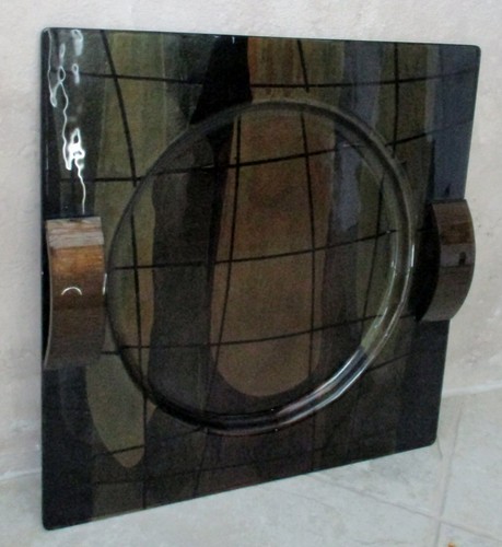 Artist Signed Studio Art Glass 19" Square Gray, Green and Tan Designer Platter - Picture 2 of 8