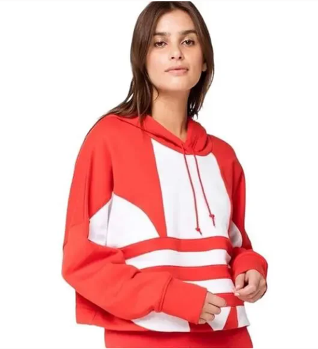 ADIDAS ORIGINALS Women Sweatshirt Red Hoodie Trefoil Logo Crop S Pullover - Picture 8 of 10