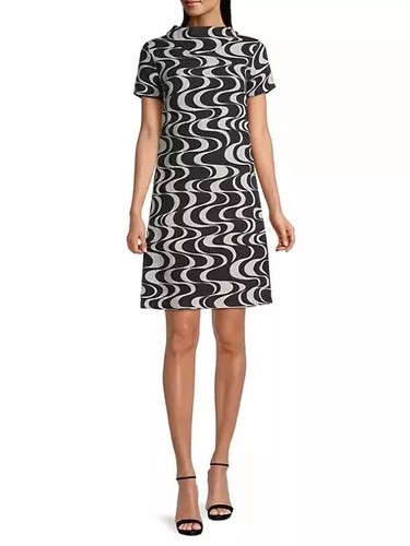 Frances Valentine Womens Black Beige Becca Swirl Funnel Neck Linen Shift Dress S - Picture 2 of 10