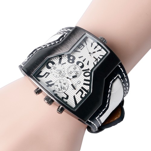 OULM Dual Time Zone Irregular Dial Leather Band Men Army Quartz Wrist Watch Gift - Picture 9 of 12