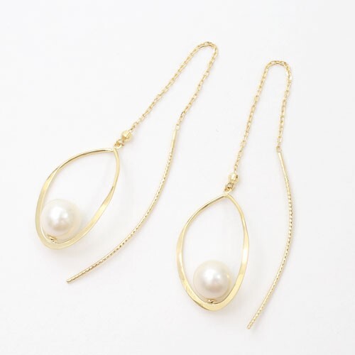 18K Solid Yellow Gold Threader Earrings Dangled 6.5mm Akoya Pearl from Japan - Picture 3 of 8