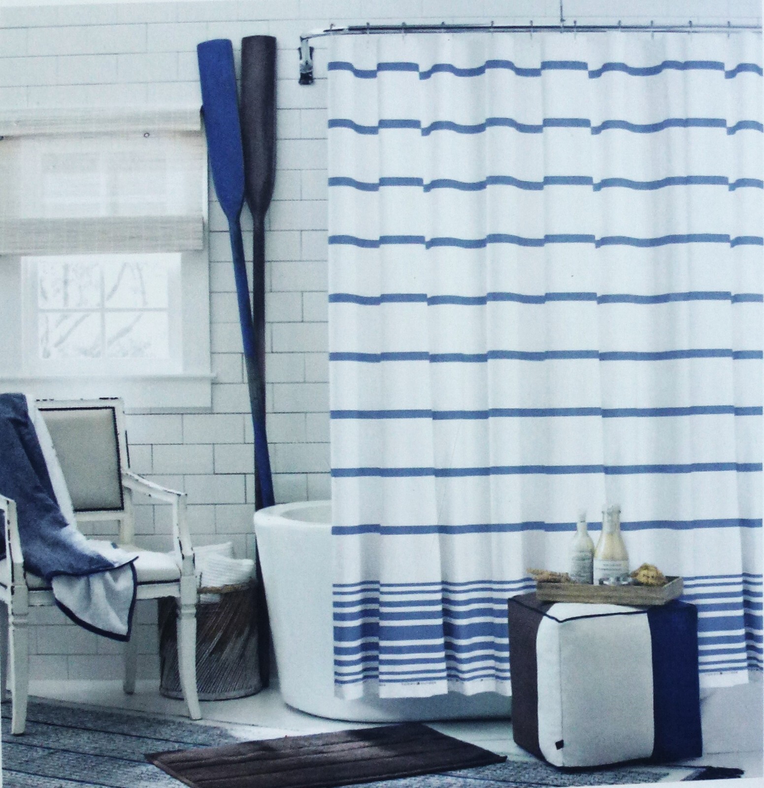 New TOMMY HILFIGER Baja Stripe Signature SHOWER CURTAIN Blue White