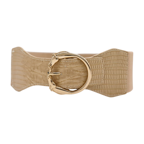 Women Beige Elastic Wide Western Fashion Belt Gold Metal Horse Rode Buckle S M - Picture 23 of 23