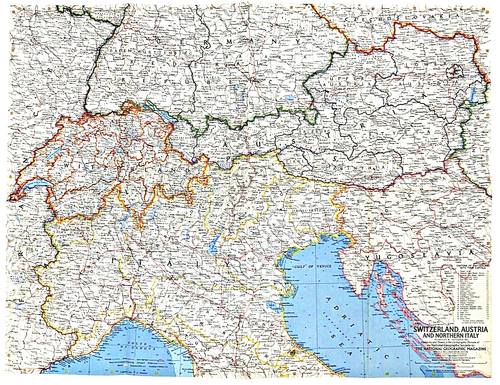 1965-9 September SWITZERLAND AUSTRIA ITALY National Geographic Map EUC - A3+ - Picture 2 of 4