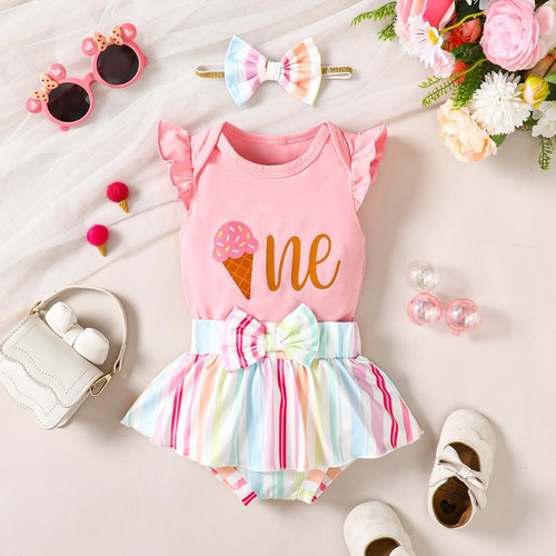 1st Birthday Outfit Girl Baby First Birthday Clothes Ice Cream One Year Old B... - Picture 3 of 7
