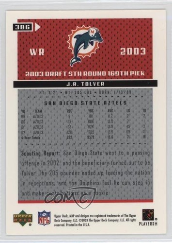 2003 Upper Deck MVP Rookie JR Tolver #386 Rookie RC - Picture 2 of 4