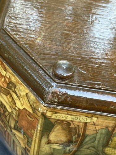 Vintage Wooden Octagon Purse Jewelry Box w/ Red Lucite Handle Mirror Litho - Picture 14 of 19